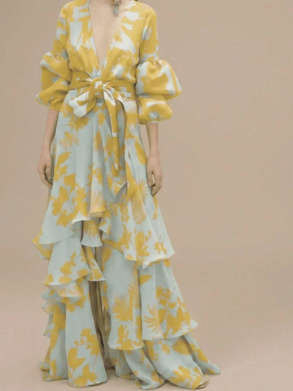 Yellow Elegant Women's V-Neck Maxi Dress with Long Sleeves and Tiered Skirt - Picture 1 of 3